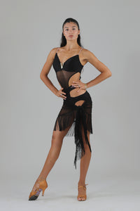 SELENE – Abito da Ballo Latino con Frange e Inserti Trasparenti