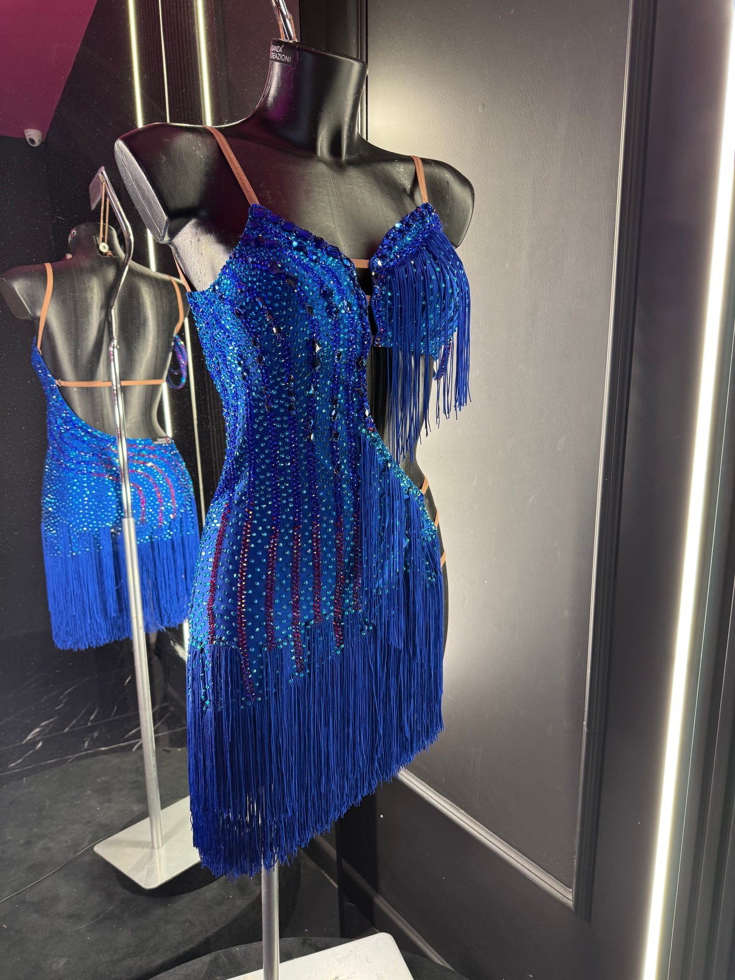 Abito Latino Blu Royal con Frange e Cristalli