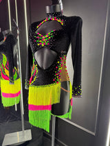 Abito Latino Neon Eclipse – Abito da Gara con Frange Fluo e Strass Handmade